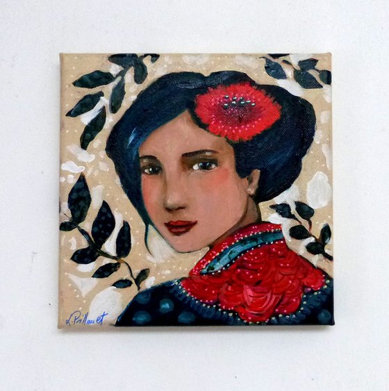 Chinese blue  20 x 20 cm. Asian woman with blue hair