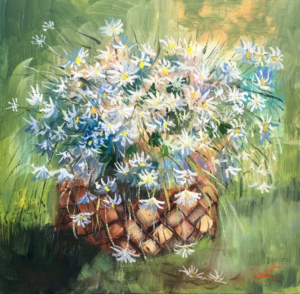 Impressionistic Botanical Oil Painting By Elena Sokolova, 15 X 15, Daisies 4, Original Artwork