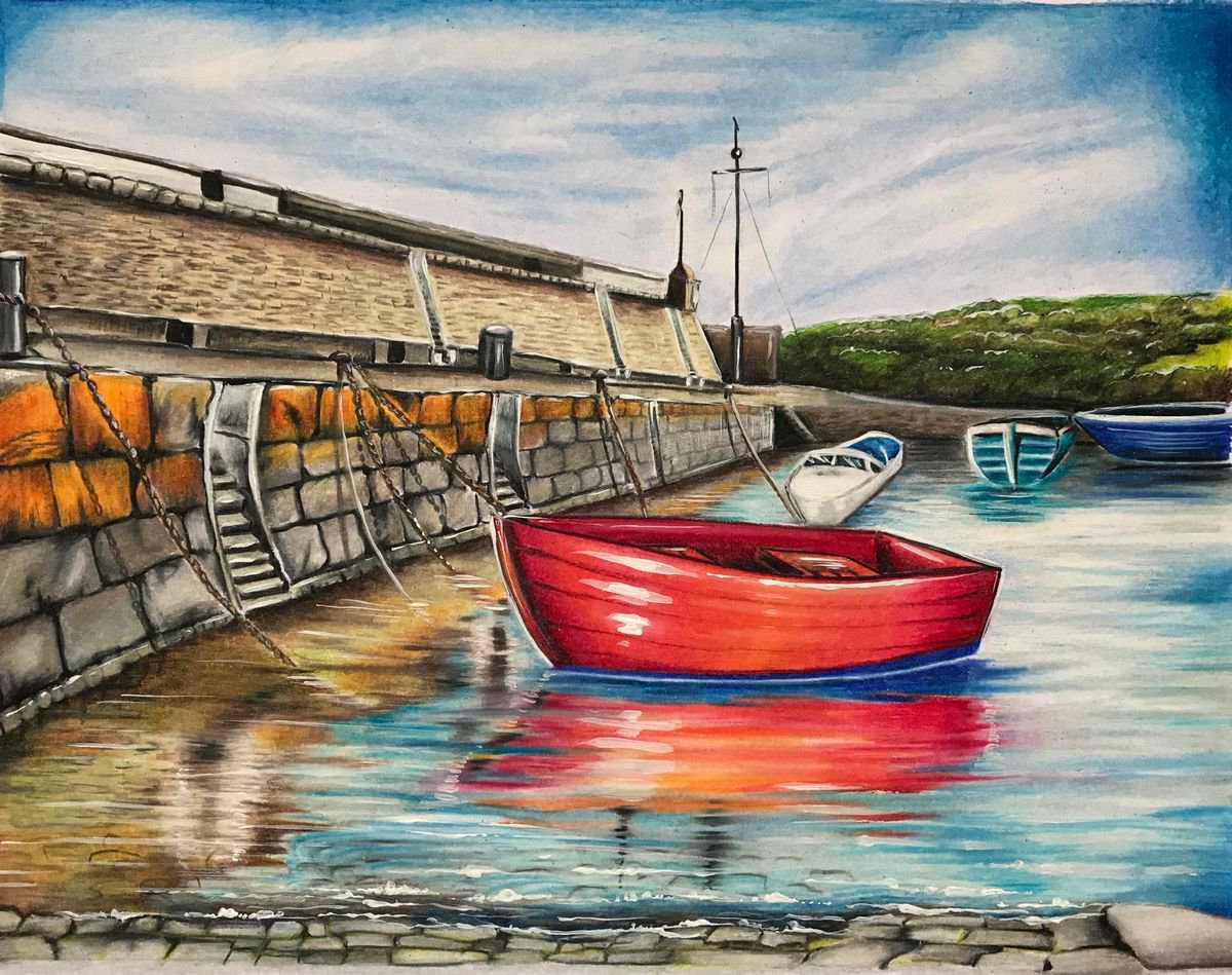 Illustrative Painting , New Quay Harbour By Karen Elaine Evans, 12 X 10, Artwork For Sale On Artfinder