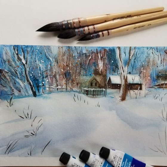 Winter Landscape #1. Original Watercolor Painting on Cold Press Paper 300 g/m /140 lb/m. Landscape Painting. Wall Art. 7.5" x 11". 19 x 27.9 cm. Unframed and unmatted.