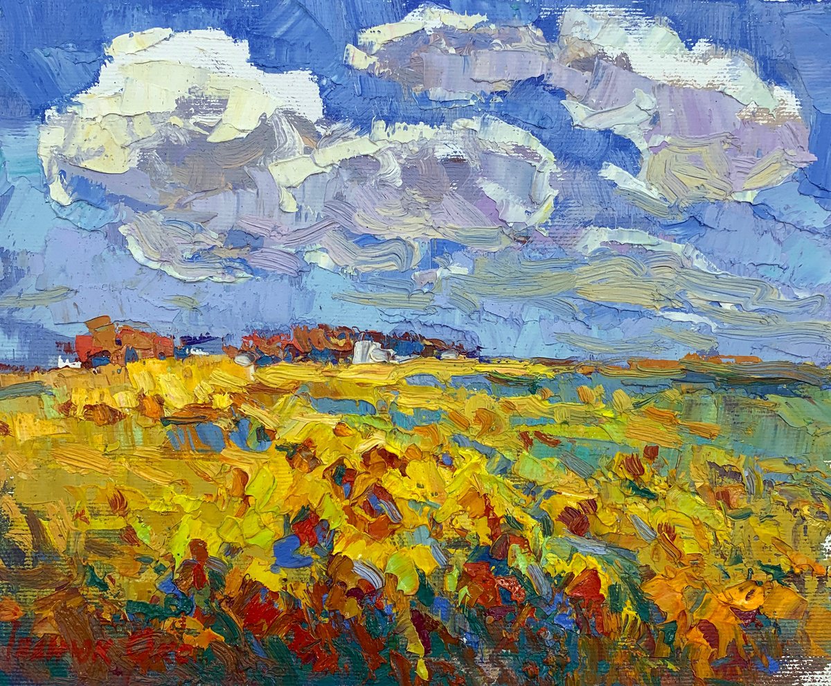 Impressionistic Landscape Oil Painting By Kalenyuk Alex, 10 X 8", Sunflower Field, Original Artwork