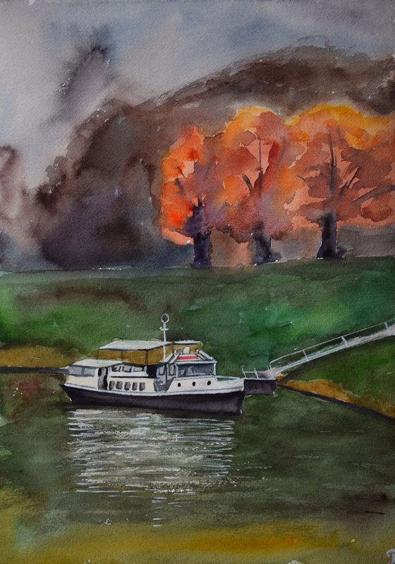 Watercolor painting Boat on the Danube river in small Austrian town