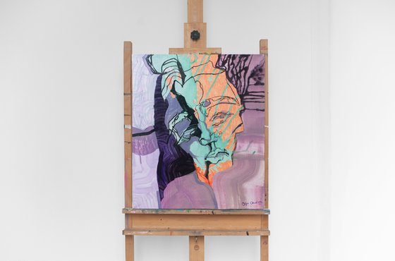 painting reading a poem figurative  face portrait in lilac