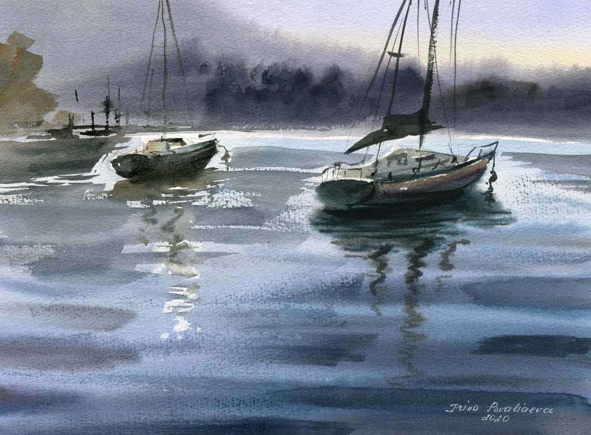 Back to sea original watercolor artwork with sailing boats in sunset, blue colors by Irina Povaliaeva