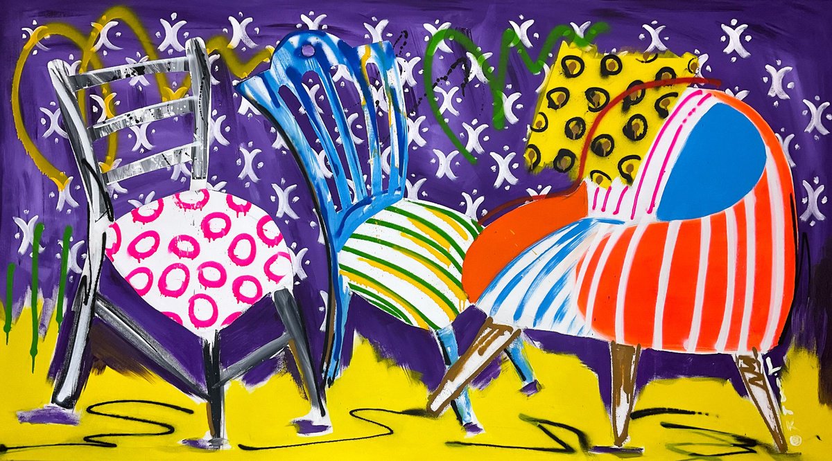 Expressive Still Life Acrylic Painting By V. Lishko, 71 X 39", Chairs, Original Artwork