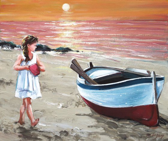 " ON THE GOLDEN BEACH ... " ORIGINAL PAINTING PALETTE KNIFE, GIFT,GIRL, OIL ON CANVAS, BEACH,SUNSET