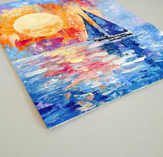 Sailboat Painting Bright Sunset Art Seascape