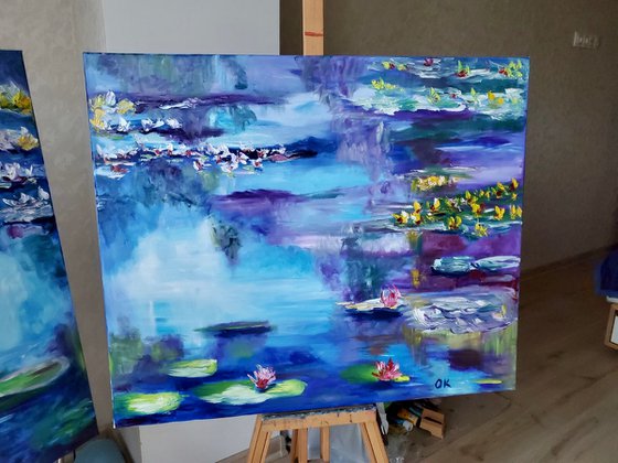 Water Lilies  92 x 76 x 2 cm inspired by Claude Monet  water reflections, purple, turquoise, blue sky