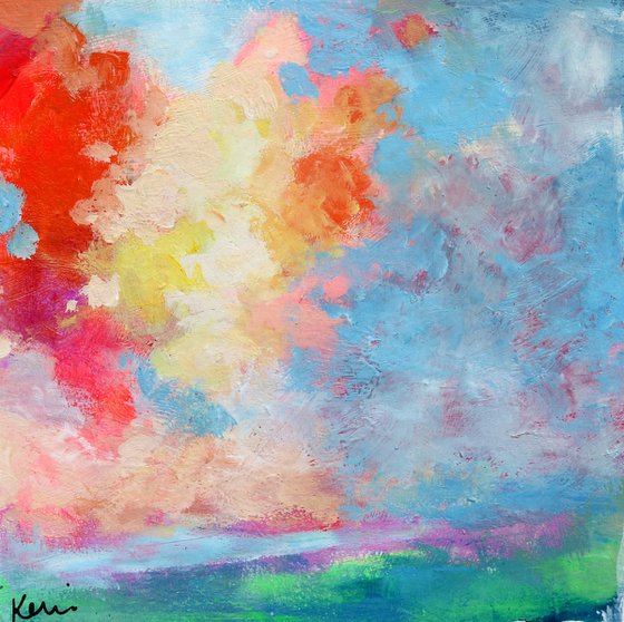 Spring Sky Study 8x8" Small Colorful Cloud Painting on Paper