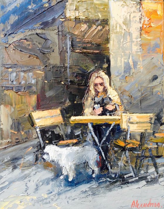 Girl with Poodle in Cafe.