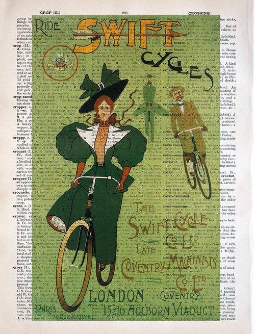 Ride Swift Cycles - Collage Art Print on Large Real English Dictionary Vintage Book Page by Jakub DK - JAKUB D KRZEWNIAK