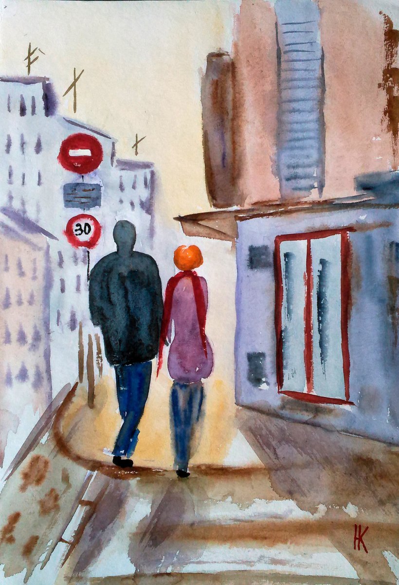 Paris Painting Cityscape Original Art Couple Walking Original Watercolor Artwork Small Hom... by Halyna Kirichenko