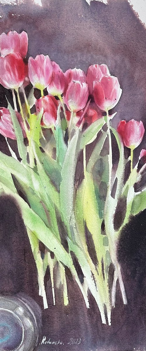 Watercolour. Tulips smell like spring. by Olha Retunska