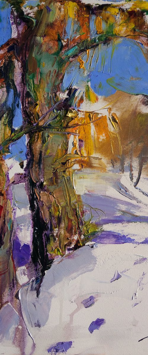 Frost and sun. Winter landscape. Original oil painting by Helen Shukina