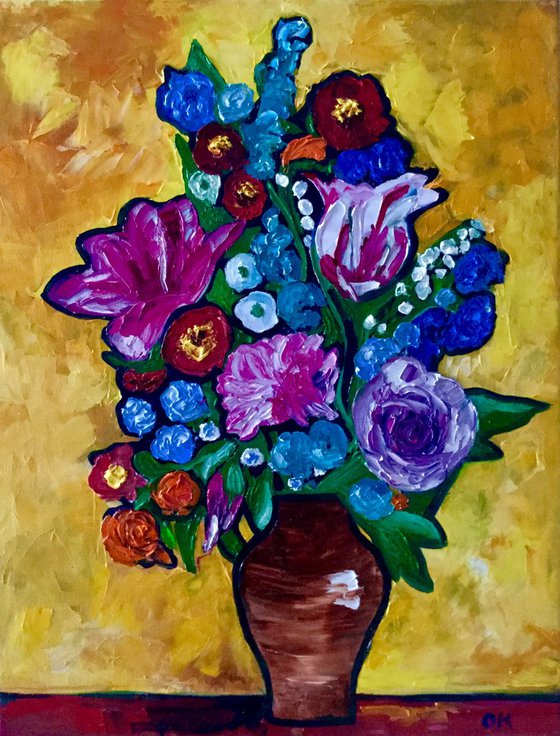 Bouquet of abstract flowers in a vase Tulips, roses palette knife painting yellow pink blue purple bouquet modern wall decor present idea