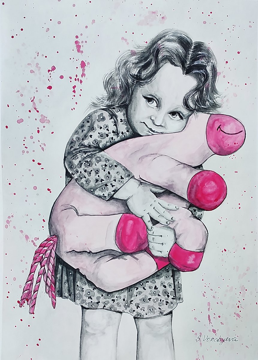 Little girl and Pink Unicorn. Original watercolor painting by Svetlana Vorobyeva by Svetlana Vorobyeva
