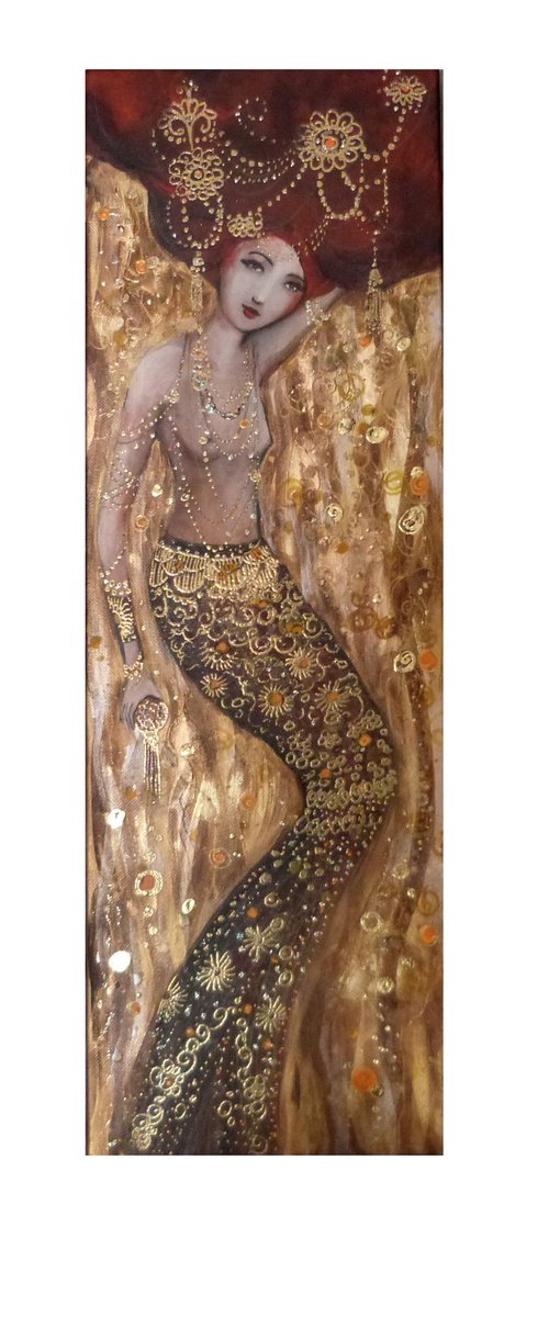 Gold abyss 20 x60 cm.Mermaid woman in gold. by Loetitia Pillault