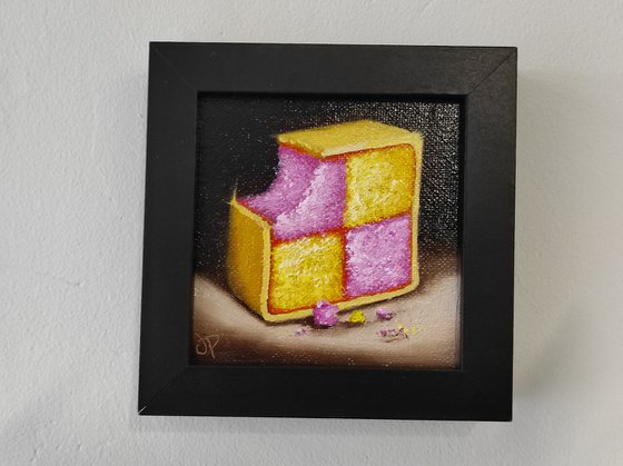 Little Battenberg cake slice still life