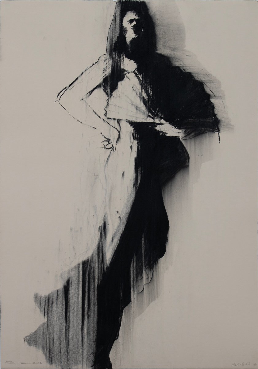 Expressive Portrait Charcoal Drawing By Zil Hoque, 25 X 36", Iberica Ii #2, Original Artwork