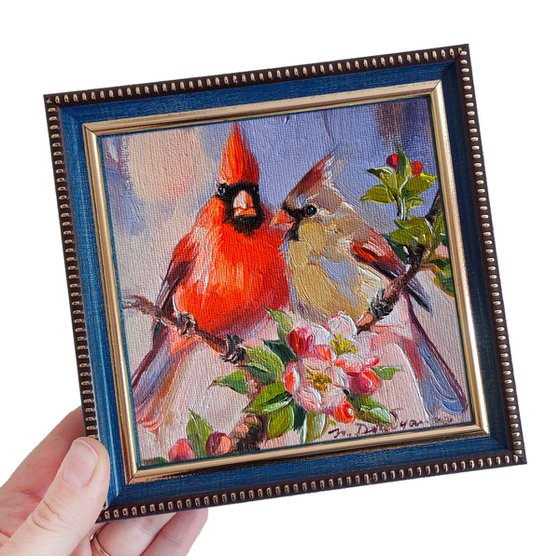 Two red bird Cardinal painting original oil canvas framed 5x5 inch, Love art gift for anniversary