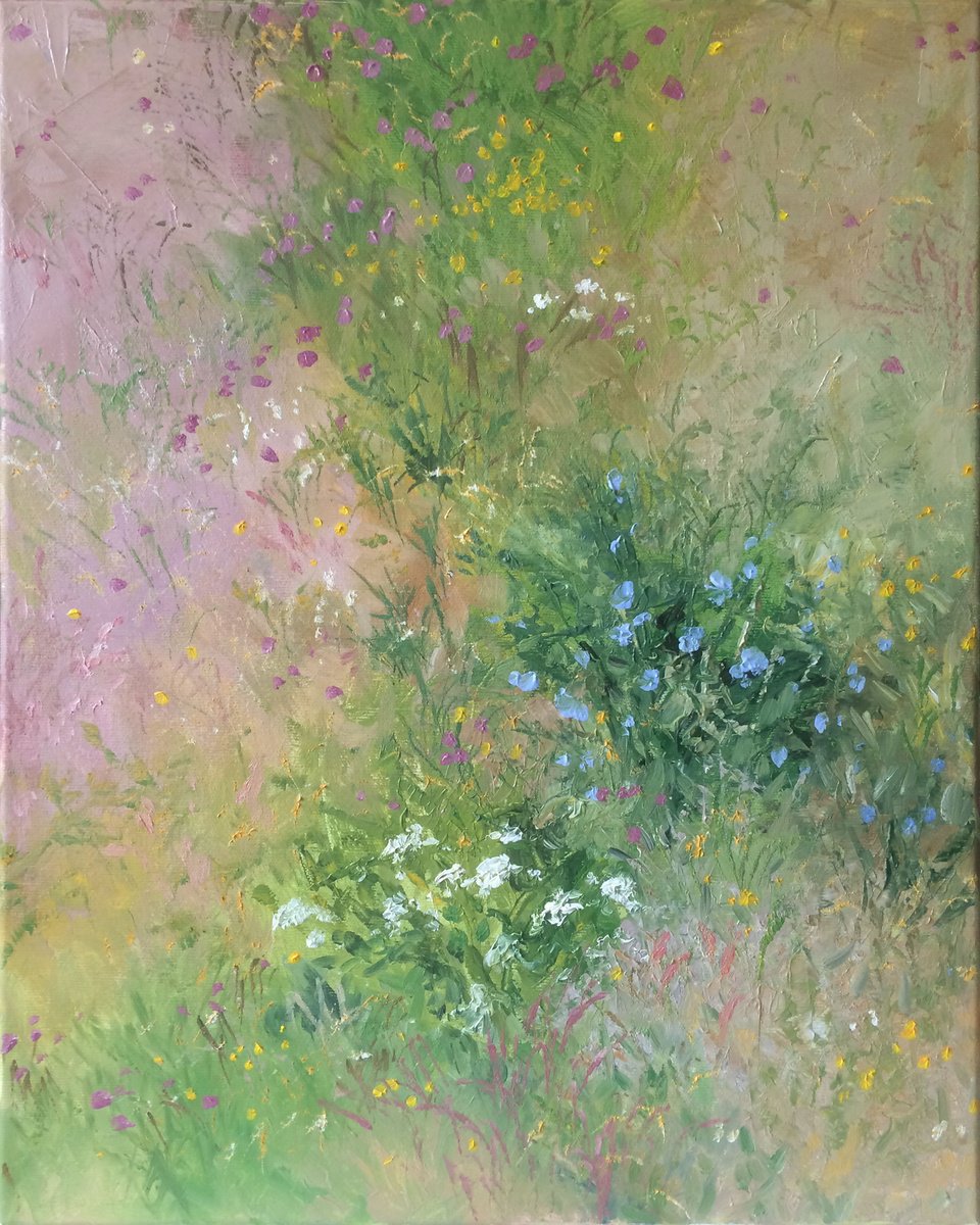 Impressionistic Botanical Oil Painting By Jolanta Czarnecka, 16 X 20, Flowering Meadow - Purple, Original Artwork