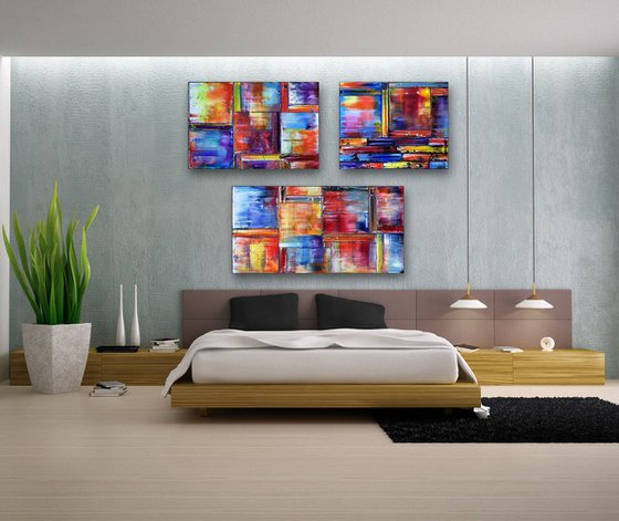 "Triplets" - Save As Series - Original Extra Large PMS Abstract Triptych Oil Paintings On Canvas - 66" x 48"