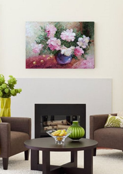 Peonies and cherries painting by Larissa Uvarova