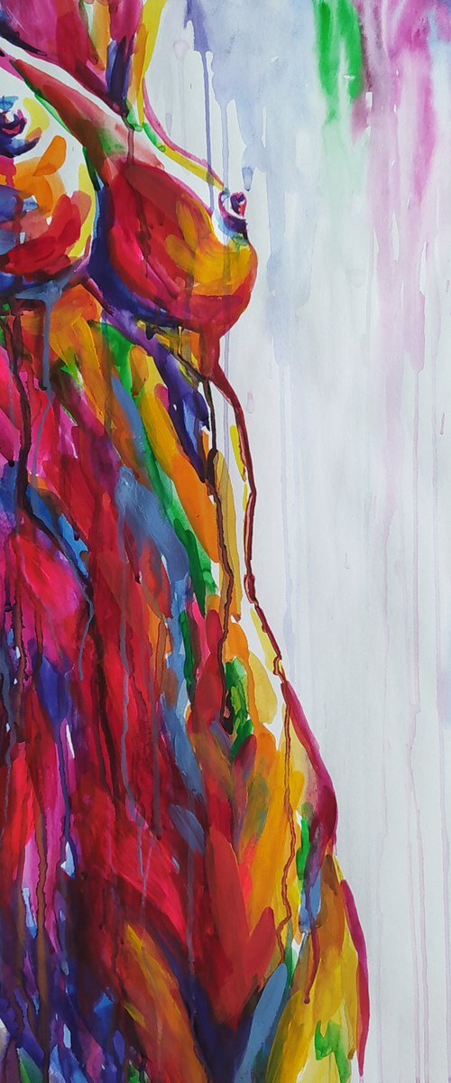 Woman in the rain - erotic, nude, woman, woman body, nu, Mixed-media, girl, watercolor painting, acrylic, body by Anastasia Kozorez