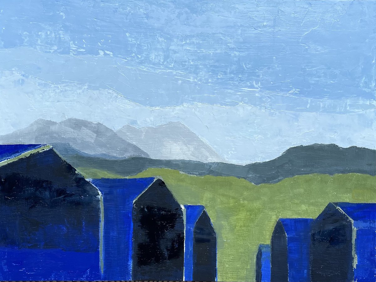 Abstract Landscape Oil Painting By Lizzie Butler, 12 X 9", Warm Sand, Blue Shade, Original Artwork