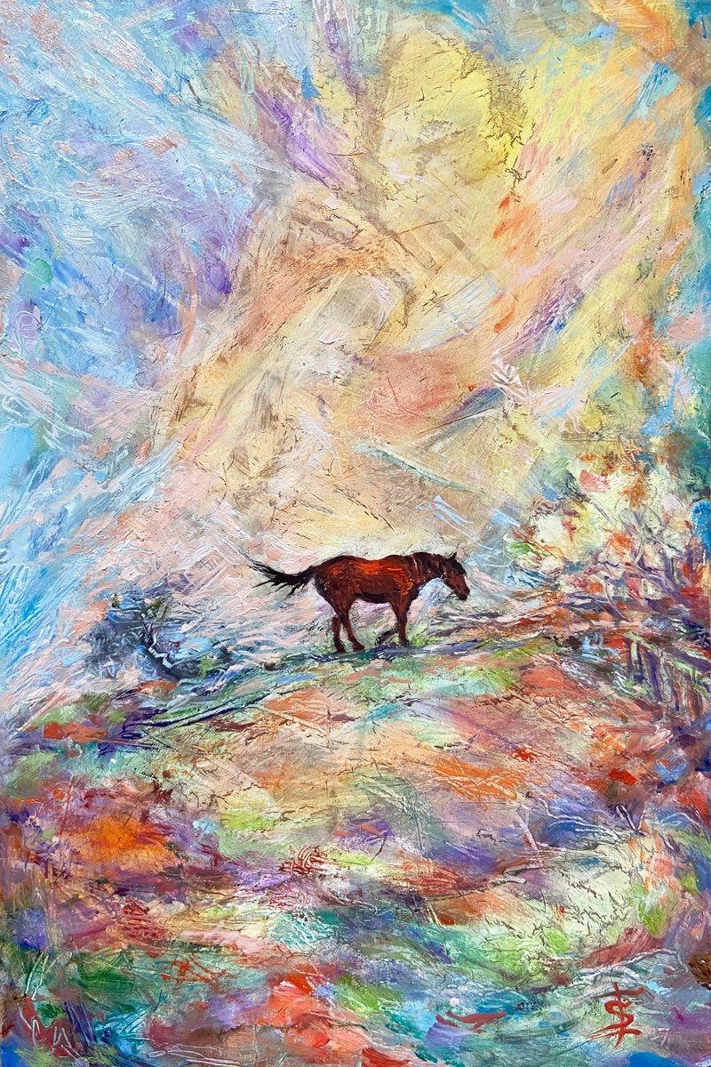 Impressionistic Landscape Oil Painting By Elvira Sesenina, 7 X 10, Wild Horse, Original Artwork