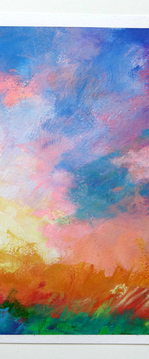 Sunburst 2 6x6" Colorful Sky Cloud Painting Impressionism on Paper by Kerri McCabe