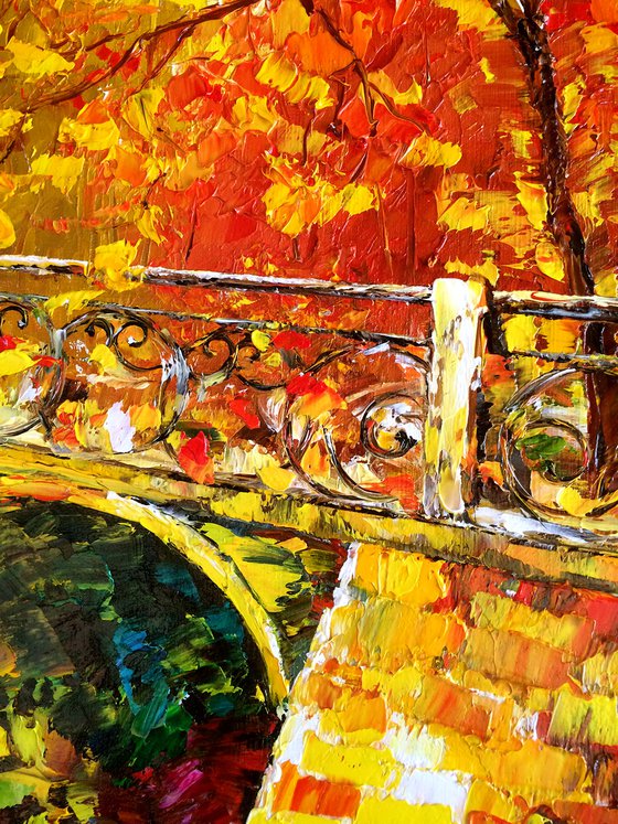 GOLDEN DAY - Autumn mood. Colorful park. Bridge in the forest. Yellow leaves. River. September. Warm day.