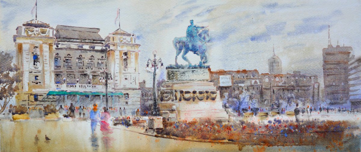 Impressionistic Cityscapes Watercolour By Nenad Kojic, 22 X 10", A Day At Old Republic Square B, Original Artwork