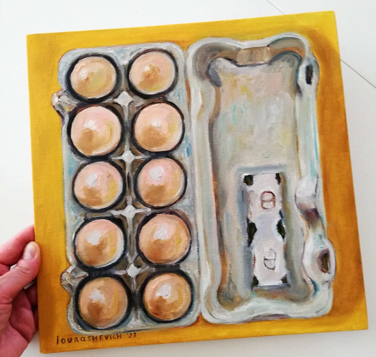 Impressionistic Still Life Oil Painting By Katia Ricci, 12 X 12", Eggs In A Carton, Original Artwork