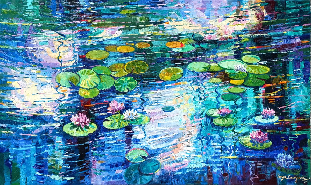 Impressionistic Botanical Oil Painting By Vanya Georgieva, 79 X 47", Water Lilies Reflections 5, Original Artwork