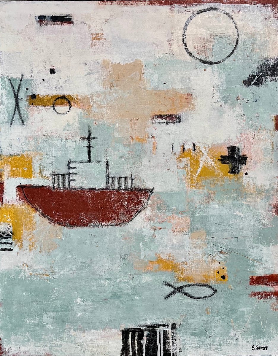 Abstract Transport Acrylic Painting By Shellie Garber, 24 X 30", Little Red Boat, Original Artwork