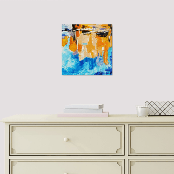 Reflections N 2, Abstract Painting Small Original Art Blue Orange Beige Artwork Multicolor Geometric Wall Art