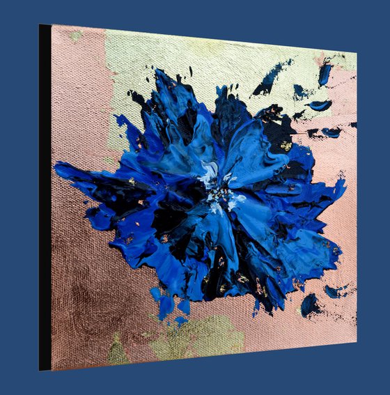 Abstract flower blue gold and copper - free shipping - palette knife painting