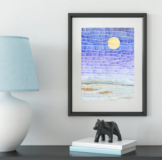 Original style watercolor abstract full moon at winter landscape