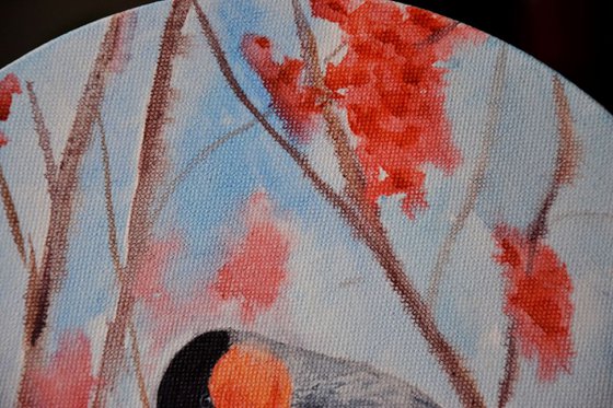 Round watercolor painting on canvas Bird Bullfinch on winter tree
