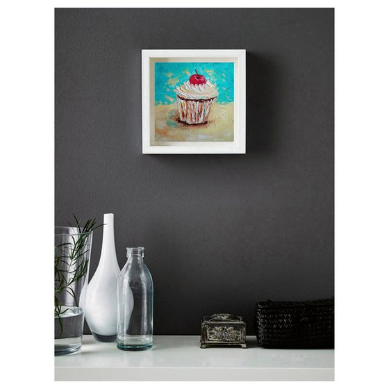 Cupcake Painting Original Art Dessert Artwork Impasto Small Food Wall Art 8 by 8