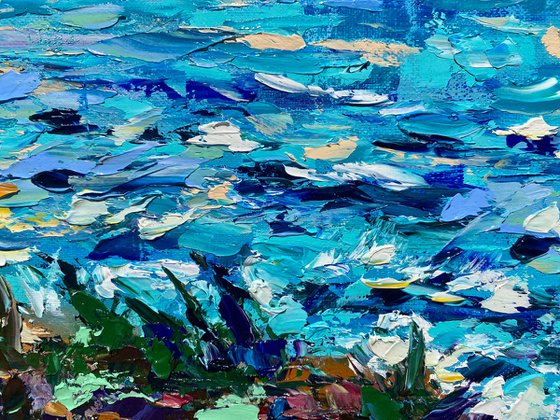 Kitesurfing - Сatch before sunset, 47*37cm, impressionistic oil impasto landscape painting