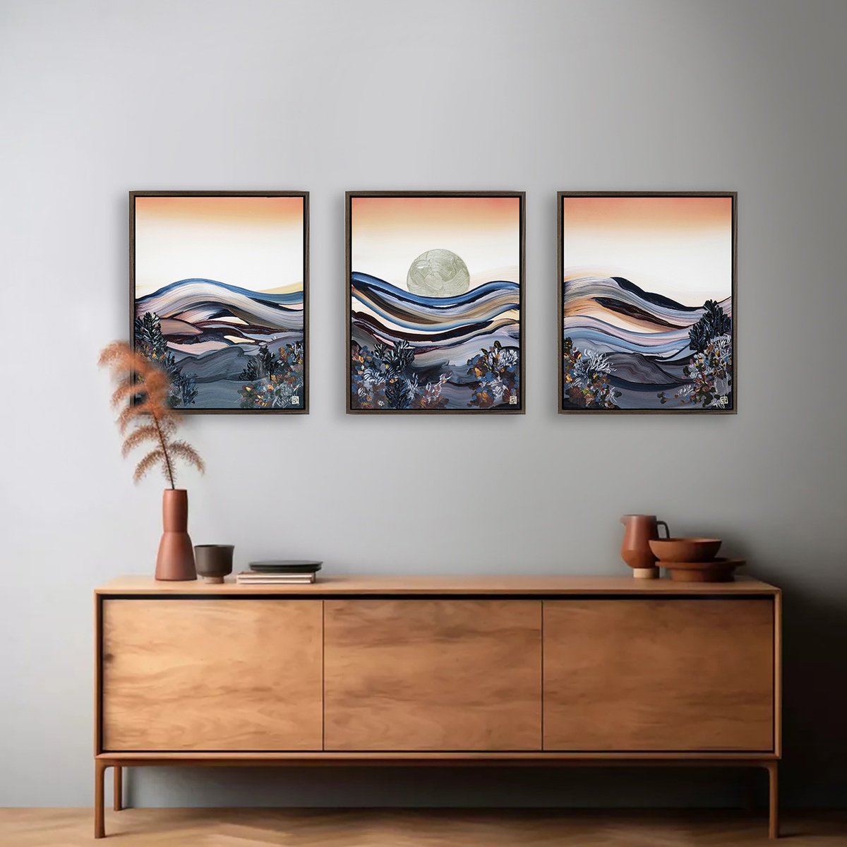 Abstract Acrylic Painting By Novi Lim, 55 X 18", Sienna Sunrise Triptych, Original Artwork