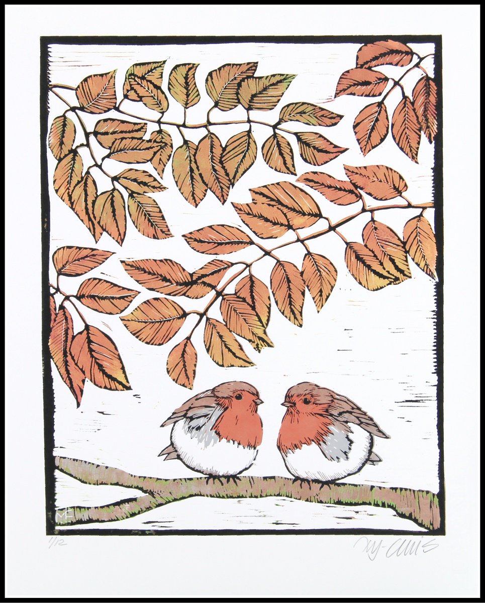 Illustrative Animal Linocut By Mariann Johansen-Ellis, 14 X 18", Red Robins On A Branch, Original Artwork