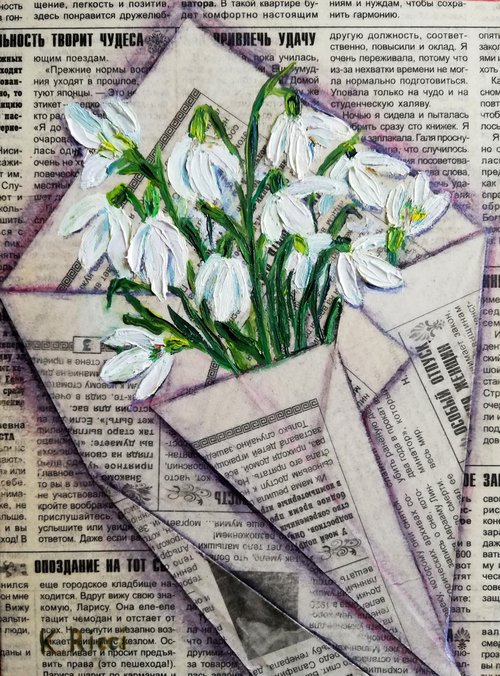 "Snowdrops in Newspaper Bag" Original Oil on Canvas Board Painting 7 by 10 inches (18x24 cm) by Katia Ricci