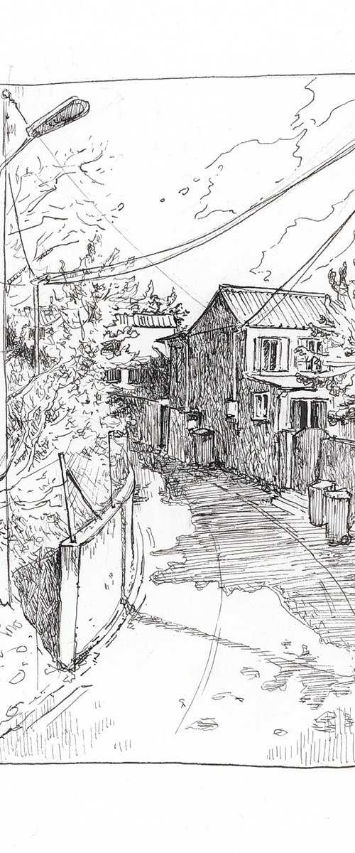 French village. Landscape drawing. Black and white art by Katarzyna Gagol