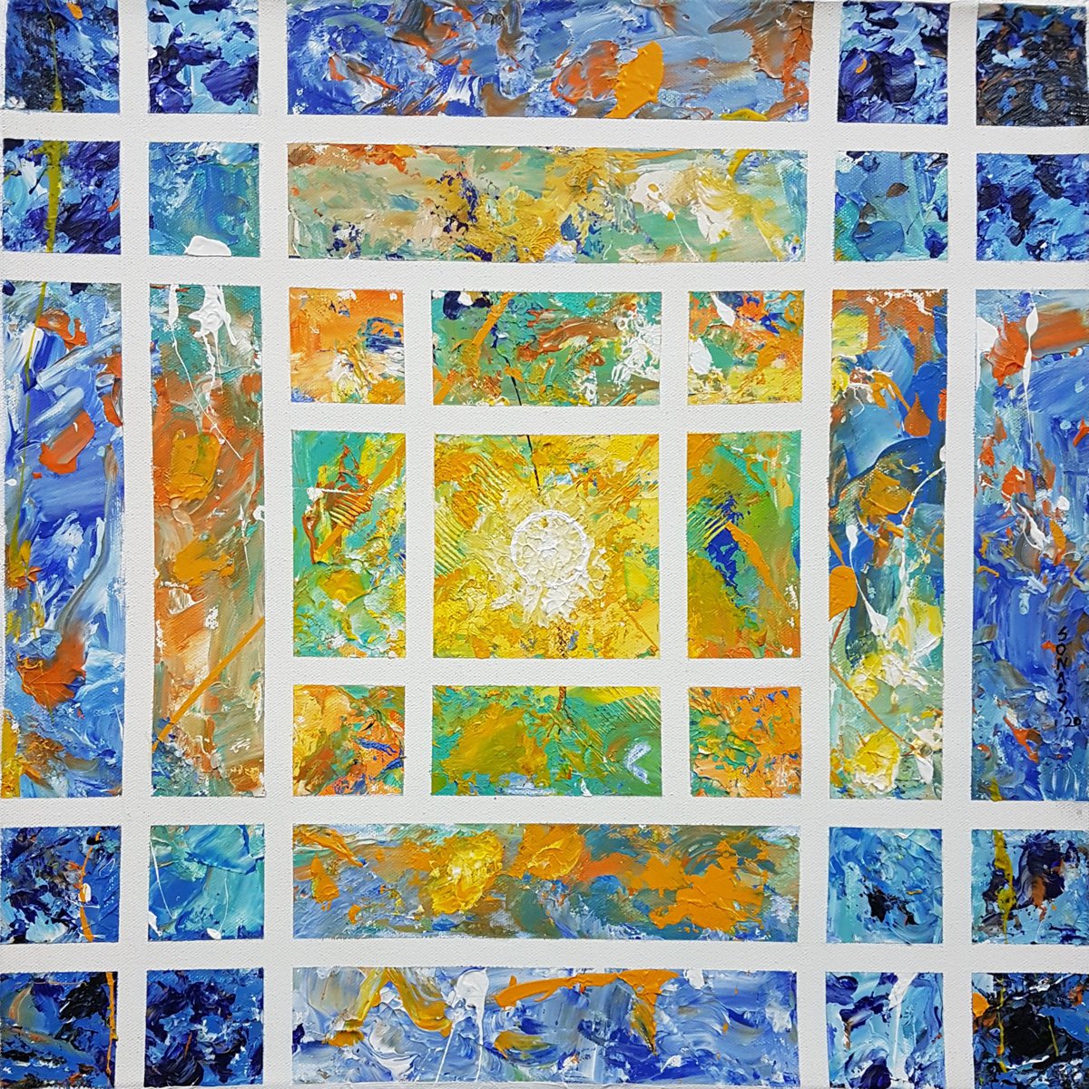 Geometric Abstract Acrylic Painting By Sonaly Gandhi, 18 X 18", Rays Of Hope 3, Original Artwork