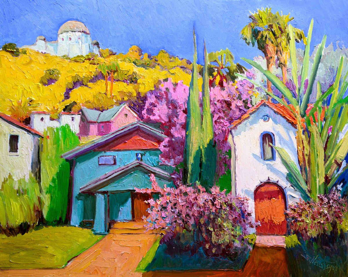 Expressive Landscape Oil Painting By Suren Nersisyan, 30 X 24", Houses In Hollywood, Summer, Original Artwork