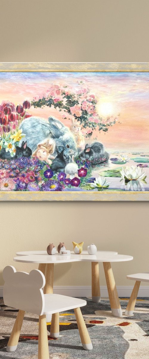 Floral garden with rabbits by SoNata Art