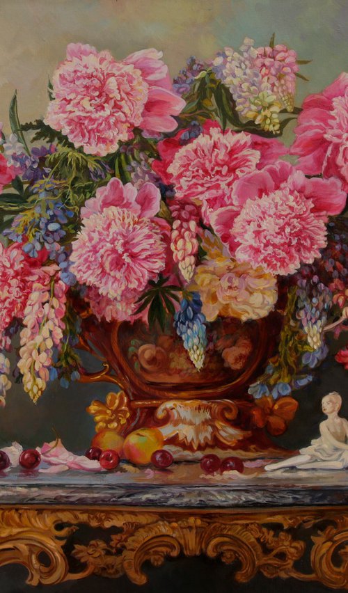 Peonies on a marble table by Eduard Panov